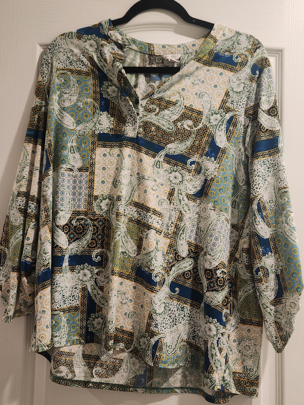 Cato Multicolor Paisley Patchwork Blouse - Blue, Green, Gold, White L Euc